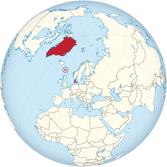 Местоположба на Кралството Данска: Фарските Острови (заокружени), Гренланд и Данска