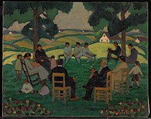 Oil painting by Sarah Robertson, depicting a group of people of different ages seated outdoors in a circle, on chairs and on the grass