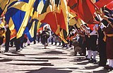 Limburgse vendelzwaaiers vormen een erehaag voor koningin Beatrix, 1986