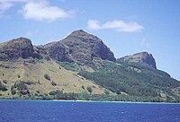 Mt. Duff, 370 m (1,200 ft), the only volcanic remnant of all the original volcanoes which made up the Tuamotu archipelago