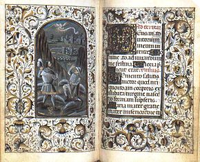 An illuminated manuscript of a Book of Hours contains prayers in Medieval Latin. MilanBTCod470BookOfHours2FoliosAnnuncShepherdsDecortatedInit2.jpg