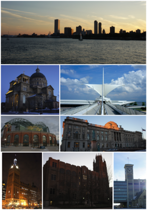 Clockwise from top left: Milwaukee skyline and جھیل مشی گن, Milwaukee Art Museum, Milwaukee Central Library, Allen-Bradley Clock Tower, Marquette Hall at مارکوئٹ یونیورسٹی, Milwaukee City Hall, Miller Park, and the Basilica of St. Josaphat.