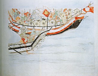 Mongol ships, from scrolls on the Mongol invasions (Japanese: Mooko shuurai e-kotoba), by Fukuda Taika, 1846.