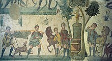 A Roman mosaic depicting a banquet during a hunting trip, from the Late Roman Villa Romana del Casale, Sicily Mosaic in Villa Romana del Casale, by Jerzy Strzelecki, 07.jpg