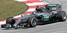 Mercedes F1 W06 Hybrid, driven by Nico Rosberg, during the 2015 Malaysian Grand Prix, using 1.6 L turbocharged V6 hybrid engine Nico Rosberg 2015 Malaysia FP3.jpg
