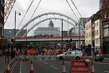 The new Overground rail bridge is lowered into place over Shoreditch High Street Overground Shoreditch bridge AB2.JPG