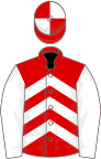Red and white chevrons, white sleeves, quartered cap