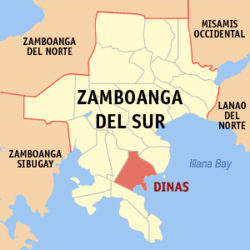 Mapa ng Zamboanga del Sur na nagpapakita sa lokasyon ng Dinas.