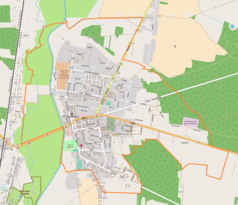 Mapa konturowa Poddębic, blisko centrum na lewo znajduje się punkt z opisem „Kościół Świętej Katarzyny Męczennicy w Poddębicach”