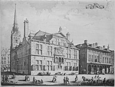 Ancien hôtel de ville de Rotterdam, construit en 1593-1594. À sa droite, le bâtiment pour les pesées commerciales bâti en 1704.