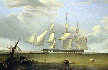 "The East Indiaman Prince of Wales embarking troops off Gravesend, 1845", attributed to John Lynn, National Maritime Museum, Greenwich Prince of Wales Blackwall Frigate.jpg