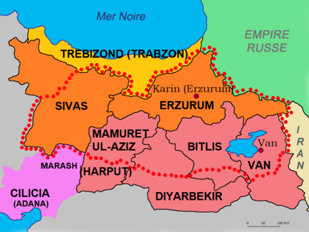 Carte administrative de l'est de la Turquie à l'époque de la fin de l'Empire ottoman.