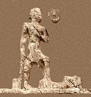 Outline of relief I (extracted). Beardless warrior with axe, trampling a foe. Sundisk above. A name "Zaba(zuna), son of ..." can be read.[14]