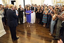 Sanders, President Donald Trump, and other White House staff members at her last appearance as White House press secretary on June 28, 2019 Sarah Sanders last appearance as Press Secretary.jpg