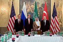 The foreign ministers of the US, Russia, Turkey, and Saudi Arabia in Vienna, before a four-way discussion focused on Syria, October 29, 2015 Secretary Kerry Meets With Turkish Foreign Minister Sinirlioglu, Saudi Foreign Minister al-Jubeir, and Russian Foreign Minister Lavrov Before Quadrilateral Meeting in Austria Focused on Syria (22580971515).jpg