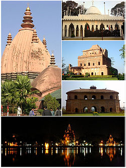 Clockwise from top: Sivadol, Ajanpir Dargah, Garhgaon's Kareng ghar, Rang Ghar and night view of Sivasagar tank