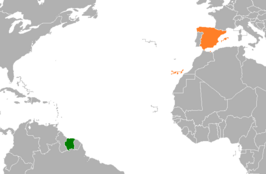 Kaart met daarop Suriname en Spanje