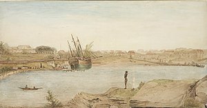 Painting by John Lewin possibly showing the King George with her yards lowered undergoing hull maintenance in Sydney Cove c.1808