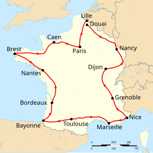 Map of France with the route of the 1906 Tour de France on it, showing that the race started in Paris, went clockwise through France and ended in Paris after thirteen stages.