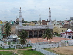 A panoramic view of Biq Mosque; Dome, Sacred water tank and the two minarets