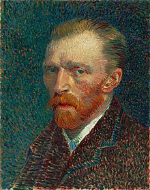 Impressionist portrait painting of a man with a reddish beard wearing a dark coat and white shirt while looking forward with his body facing left