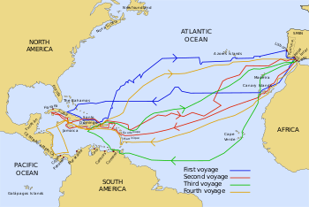 English: The routes of the four voyages of Col...