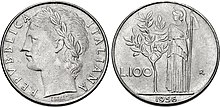 100 lire coin, 1956, with goddess Minerva holding an olive tree and a long spear depicted on the reverse 100 lire Repubblica Italiana 1956.jpg