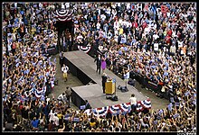 Barack and Michelle Obama onstage after Obama becomes the presumptive Democratic nominee, June 3, 2008 20080603 Obamas enter stage on Nomination Victory Night.jpg