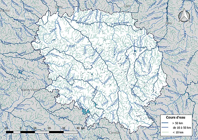 Carte de l'ensemble du réseau hydrographique de la Creuse.