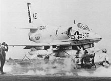 A-4C Skyhawk of VA-64, armed with a pair of Bullpup missiles, is ready to launch from America to support USS Liberty after she was attacked by Israeli forces. A-4C VA-64 on cat USS America (CVA-66) 1967.jpg