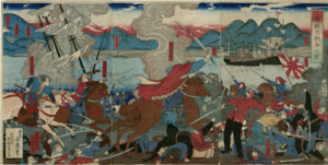 Estampe japonaise en couleur représentant des samouraïs à pieds ou à cheval combattant des soldats en uniforme moderne pendant que dans la baie en arrière-plan, une bataille navale fait rage.