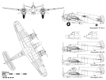 Orthographic projection of the Beaufighter TF Mark X, with inset profiles of Mark I(F), Mark II(F) and Mark V and of UHF-band radome and VHF-band "arrowhead" radar antenna fitments. Bristol Beaufighter.svg