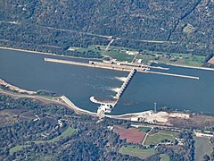 Aerial view of the Captain Anthony Meldahl Locks and Dam in 2017