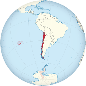 Chile on the globe (Antarctica claims hatched) (Easter Islands special) (Chile centered).svg