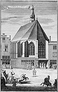 De Engelse en Hoogduitse Kerk aan het Noordeinde in 1730, prent door Gerrit van Giessen. Universiteitsbibliotheek Leiden