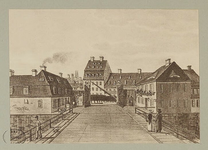 Dresdens Festungswerke im Jahre 1811 - Die Wilsdruffer Thor-Brücke und äußere Barrière; rechts das Accishauß, links das Wachthauß. Aufgenommen auf der Mitte der Brücke.