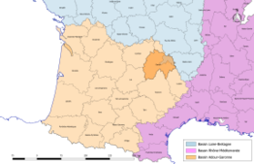 Localisation du département du Cantal sur la carte des bassins hydrographiques français.