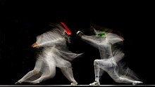 Imboden (left) fences against Italy's Andrea Cassara (right) in the men's foil team final of the 2013 World Fencing Championships 2013 at Syma Hall in Budapest, 12 August 2013. Final 2013 Fencing WCH FMS-EQ t194733.jpg