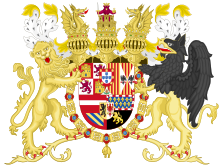 Coat of arms of Philip II and I of Spain and Portugal, inserting the coat of arms of Portugal over those of Castile and Leon and Aragon Full Ornamented Coat of Arms of Spanish House of Austria (1580-1668).svg