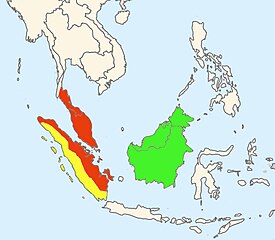 Sumatranlyhythäntäpytonin ja sen entisten alalajien levinneisyys:   Sumatranlyhythäntäpyton   Borneonlyhythäntäpyton   Veripyton