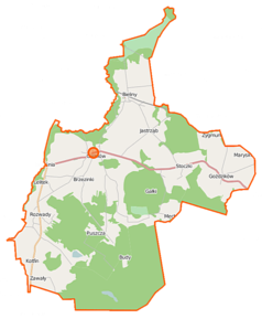 Mapa konturowa gminy Gielniów, na dole po lewej znajduje się punkt z opisem „Góźdź”