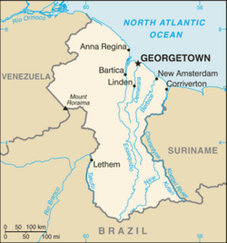 ガイアナ内のリンデン（Linden）の位置の位置図