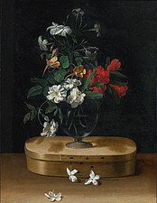Jean-Michel Picart - Vase of flowers on a chipboard box, Öl auf Holz, 45 x 34,5 cm, Privatsammlung (?)