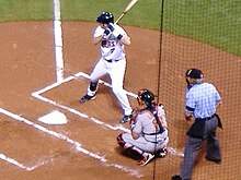 Twins catcher Joe Mauer at bat, Metrodome. Joe Mauer bats at the Metrodome on June 9, 2006.jpg