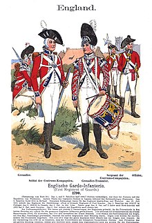 Colored plate shows five soldiers dressed in red coats and white breeches, with different types of hats.