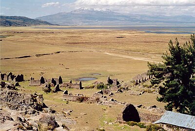 A flat area with sparse trees and rocks in the foreground: On the left a low ridge and in the background a snowcovered mountain