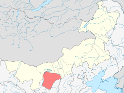 Өвөр Монгол дахь Ордос хотын харьяаллын байршил (улбар шар)