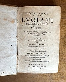 Заглавна страница на латински превод от 1619 г. на пълните съчинения на Луциан