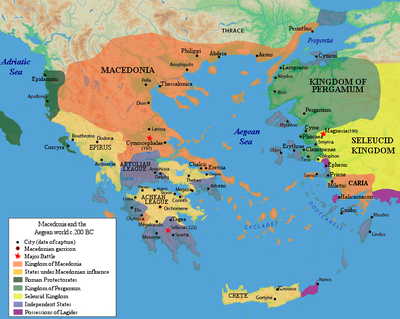 A map of Hellenistic Greece in 200 BC, with the Kingdom of Macedonia (orange) under Philip V (r. 221-179 BC), Macedonian dependent states (dark yellow), the Seleucid Empire (bright yellow), Roman protectorates (dark green), the Kingdom of Pergamon (light green), independent states (light purple), and possessions of the Ptolemaic Empire (violet purple) Macedonia and the Aegean World c.200.png
