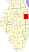 Mapa de Illinois con la ubicación del condado de Iroquois